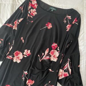 Lauren Ralph Lauren Black Pink Floral Sheath Dress Sz 14 Round Neck Bell Sleeves